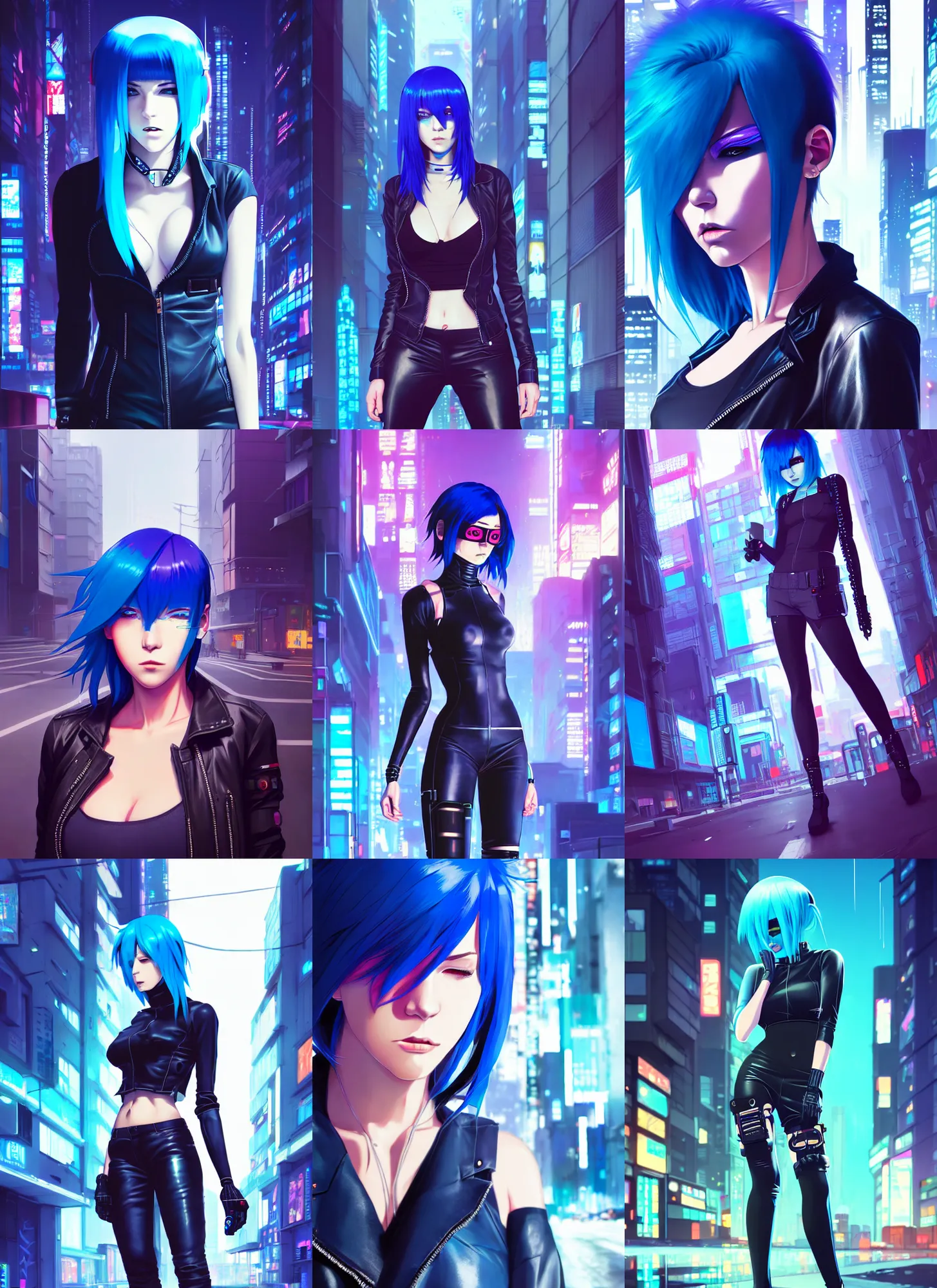 Prompt: hyper realistic photograph portrait of cyberpunk hot pretty girl with blue hair, wearing a full leather outfit, cyber implants, in city street at night, by makoto shinkai, ilya kuvshinov, lois van baarle, rossdraws, basquiat