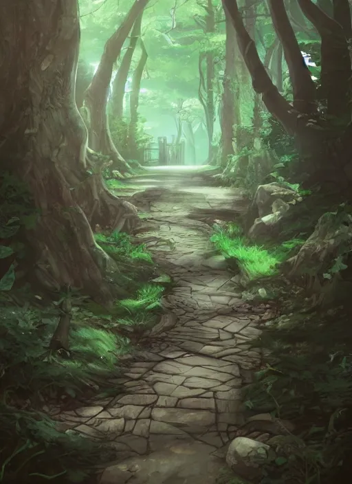 Image similar to a dark forest path, beautiful ancient trees, hiding large treasure chest, evening atmosphere, soft lens, soft light, cel - shading, animation, in the style of cgsociety, deviantart, artstation, zbrush, cinema 4 d, studio ghibli, akihiko yoshida, atelier lulua, masamune shirow