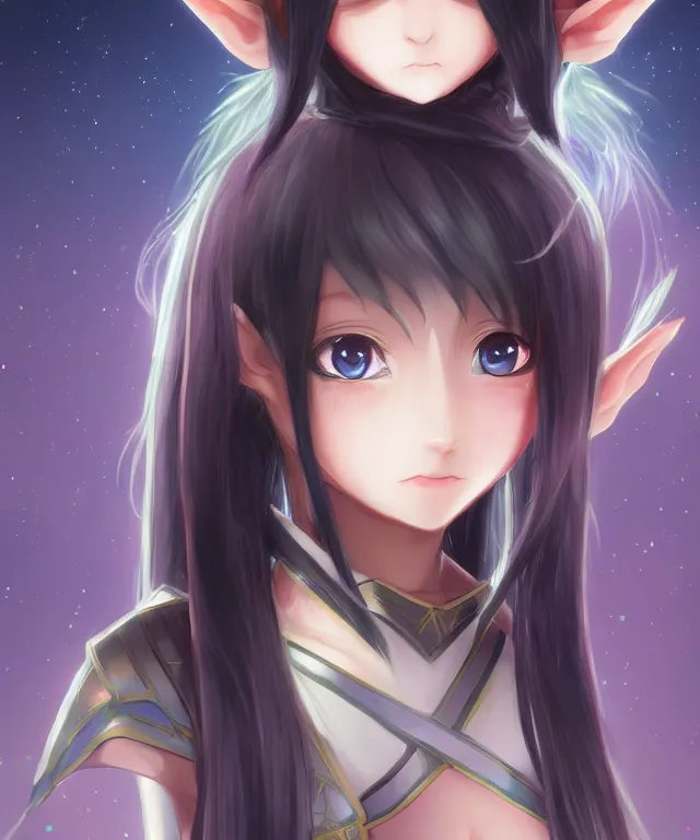 Image similar to adorable young cute anime elf girl, long black hair, fantasy armor. symmetrical face. symmetrical detailed defined eyes. beautiful lineart. bokeh pixiv # 1 ranking depth focus, chromatic aberration, noise, soft lighting, srgb, 4 k, cinematic