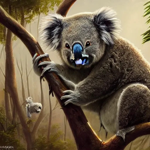 Image similar to Koala eating tacos, highly detailed, fantasy art, in the style of greg rutkowski, illustration, epic, fantasy, intricate, hyper detailed, artstation, concept art, smooth, sharp focus, ray tracing