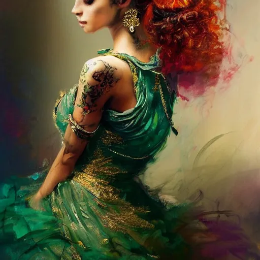 Image similar to an epic painting of a 1 9 years old girl figure, curly messy high bun hairstyle, oriental tattoos, subject wearing a gold and ruby high fashion gown, flowing, ornate, beautiful, muted tonal colors, with few vivid green highlights, by jeremy mann and greg rutkowski, artstation, oil on canvas