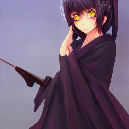 Prompt: archetype of death ((the grim reaper)) is a cute neko girl, anime waifu, posing nicely for a picture, shy, bashful, sweet colors, dark black robe, blush, by Ilya Repin and Maurice Sendak, artstation