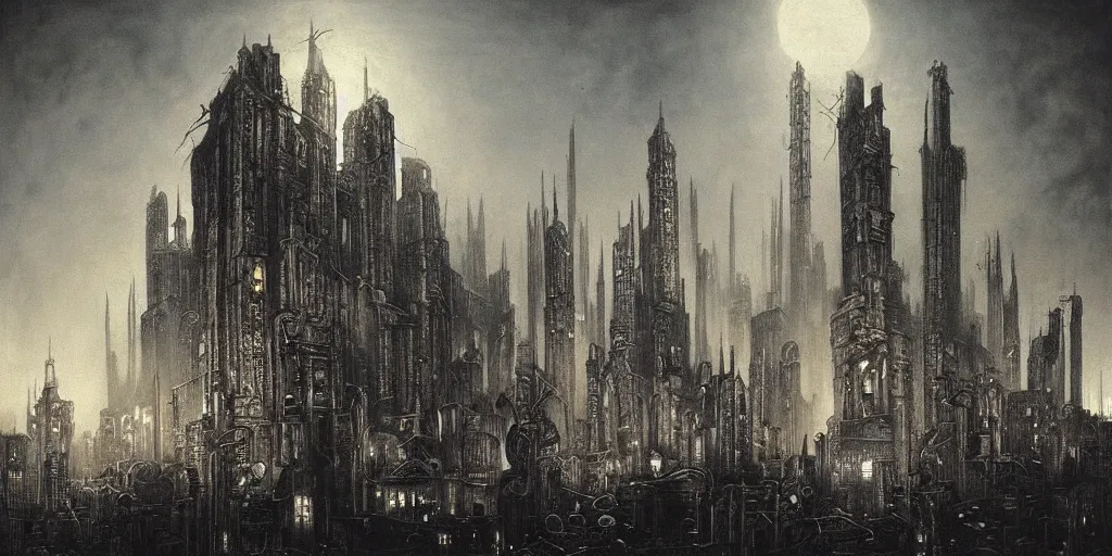 Image similar to a gigantic city at night where buildings are built out of skulls and bones, fleshy structures, light coming from windows, surreal atmospheric painting by hr giger and beksinski