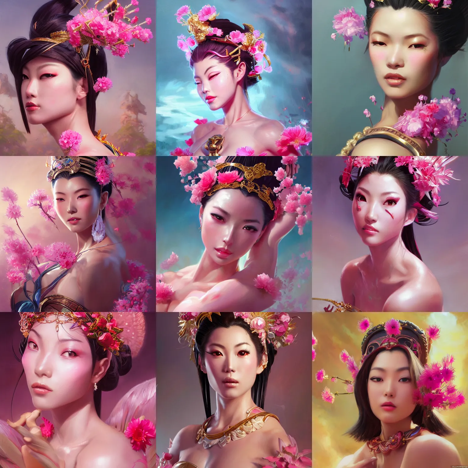 Prompt: expressive oil painting, of mai shiranui, smooth glowing skin, ornate headpiece made from pink flowers, glamour shot, by yoshitaka amano, by greg rutkowski, by jeremyg lipkinng, by artgerm, digital art, octane render