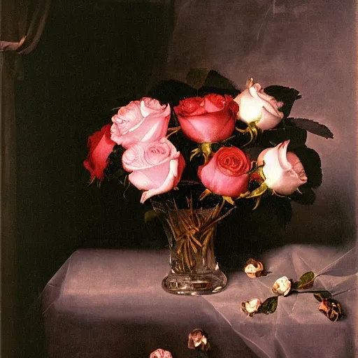 Image similar to roses wrapped in plastic painted by velazquez,