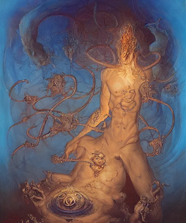 Image similar to blue shiva with man ’ s body, glowing fiery background, in the style of peter mohrbacher, wayne barlowe, gustav moreau, bussiere, roberto ferri, santiago caruso, luis ricardo falero, austin osman spare, colorful