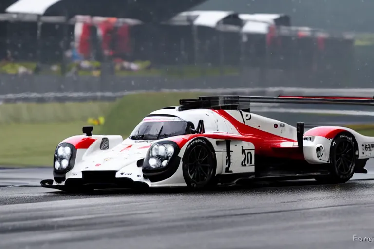 Image similar to beautiful, japanese art of the porsche 9 1 9 in heavy rain at circuit de spa - francorchamps, 8 k