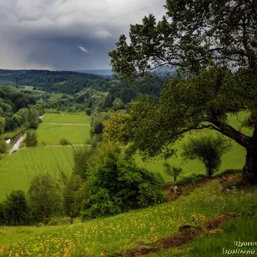 Prompt: dordogne typical landscape, hills in the background, summer, river, ultra detailed, ultra sharp, award winning. 8 k, flowers, trees, thunderstorm and rain, very dark clouds. lightning