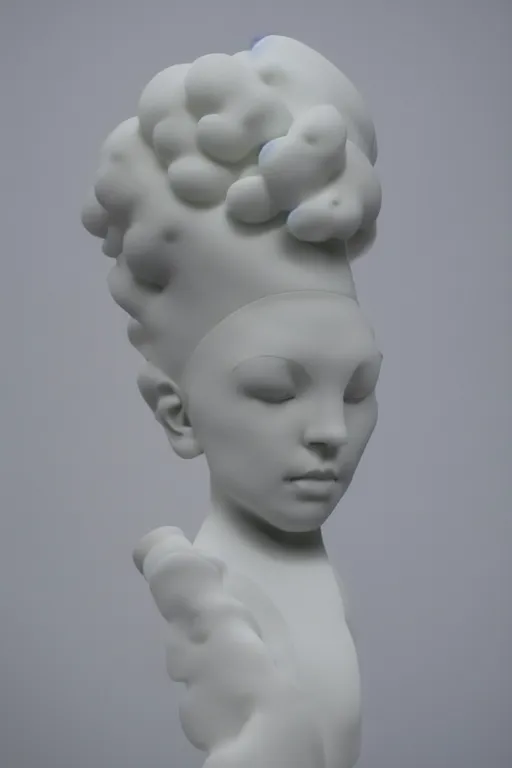 Prompt: full head and shoulders, beautiful female porcelain sculpture by daniel arsham and raoul marks, smooth, all white features on a white background, delicate facial features, white eyes, white lashes, the heads are twisted around geometrically