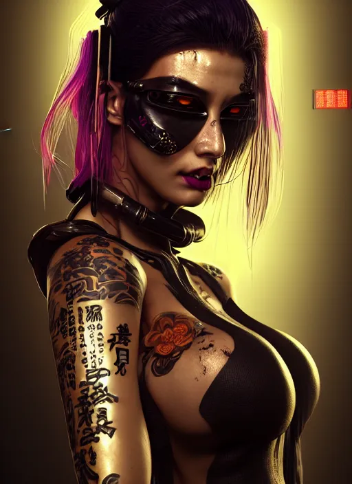 Image similar to portrait of a seductive cyberpunk geisha yakuza raver gutter punk cyborg bioweapon, golden ratio, details, sci - fi, dark fantasy, cyberpunk, intricate, decadent, ornate, highly detailed, digital painting, octane render, 8 k, artstation, concept art, smooth, sharp focus, illustration, art by artgerm, loish, wlop