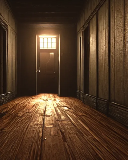 Image similar to Kirby in Resident Evil 7, American gothic interior, wooden floor, atmospheric, nighttime scene, photorealistic narrow hallway with broken windows, horror