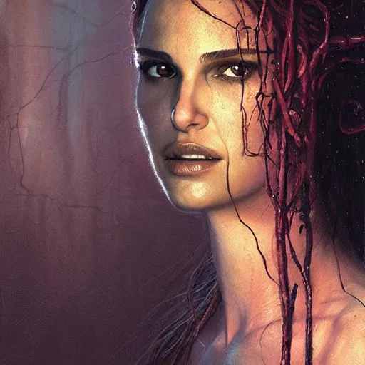 Image similar to a portrait of natalie portman as medusa in dramatic lighting, snakehair, interior background, artstation, by greg rutkowski, by beksinski, a realism masterpiece