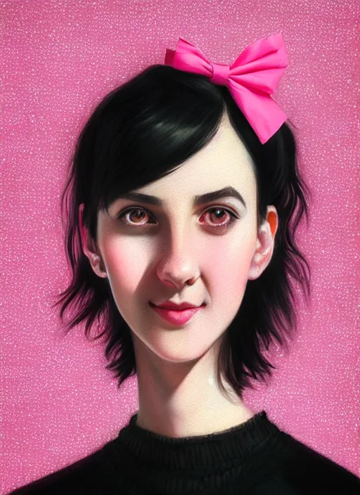 Image similar to portrait of high school girl, realistic, black hair, bangs, half updo hairstyle, pointy nose, skinny, smile, ugly, defined jawline, big chin, pink hair bow, earrings, intricate, elegant, glowing lights, highly detailed, digital painting, artstation, sharp focus, illustration, art by wlop, mars ravelo and greg rutkowski