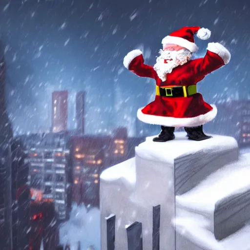 Prompt: santa claus dressed as batman, rooftop of skyscraper, sleigh of presents, snowy night in the big city, 4 k, concept art, artstation