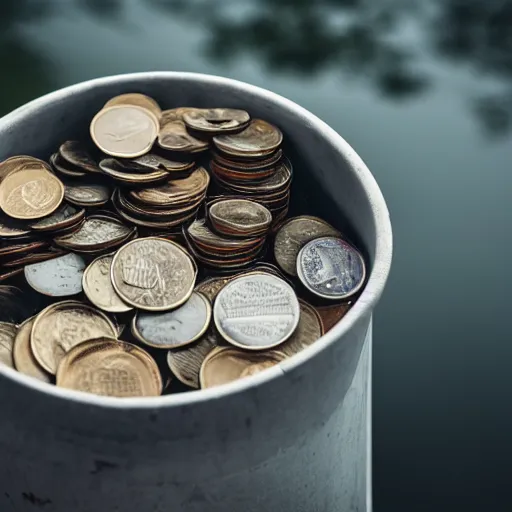 Image similar to a picture of a pile of coins in a bucket in the heavy rain, god rays, 50mm