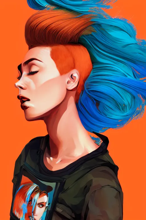 Image similar to a award winning half body portrait of a beautiful caucasian woman in a croptop and cargo pants with ombre orange blue teal hairstyle with head in motion and hair flying by will eisner, outrun, vaporware, digital art, trending on artstation, highly detailed, fine detail, intricate