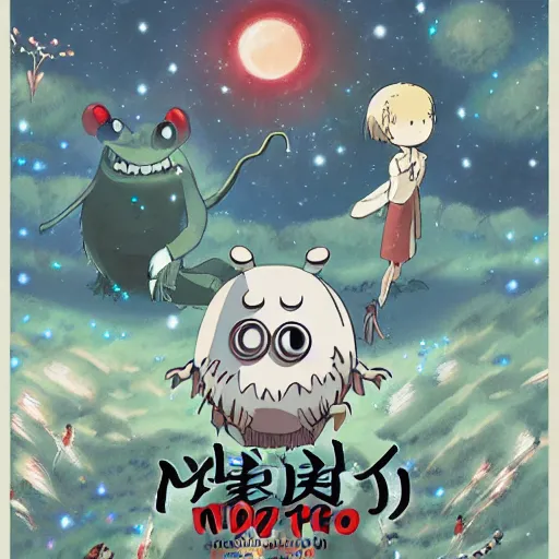 Prompt: friendly monster made by Hayao Miyazaki, studio ghibli artstyle, night, stars, beautiful scene, smooth, detailed, high detail,high quality, 8k anime