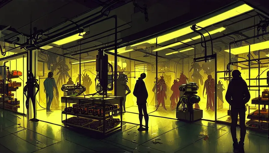 Image similar to inside a robotic shop store in The City of Lisbon at night with a few customers, extreme plus resolution scifi concept art, intricate details to everything visible, sharp lighting, Dramatic light by denis villeneuve, strong emphasis on alphonse mucha, Makoto Shinkai