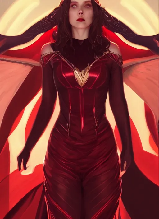 Prompt: Scarlet Witch as Lucifer morningstar, portrait, full body, hyper detailed, trending on artstation, art by wlop and J. C. Leyendecker and Edmund Bliar Leighton and Charlie Bowater