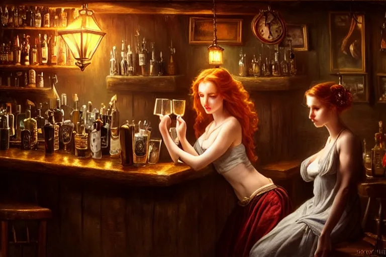 Image similar to a beautiful barmaid, dimly lit cozy tavern, relaxed pose, fantasy, intricate, elegant, dramatic lighting, emotionally evoking symbolic metaphor, highly detailed, lifelike, photorealistic, digital painting, artstation, concept art, smooth, sharp focus, illustration, art by John Collier and Albert Aublet and Krenz Cushart and Artem Demura and Alphonse Mucha, perfect facial symmetry