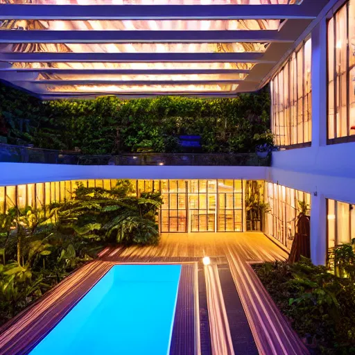 Image similar to The atrium of a refurbished contemporary building filled with tropical plants and lush swimming pool, project by Kengo Kuma, blue hour, 4k