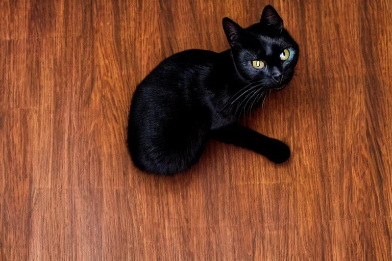 Image similar to a cute black cat meowing while standing on the shiny wooden house floor with some carpeting around it, photograph, 4 k