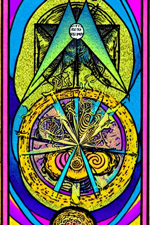 Image similar to a tarot card that reads lsd is good, psychedelic, old, paper texture, da vinci code, geometry, mushrooms