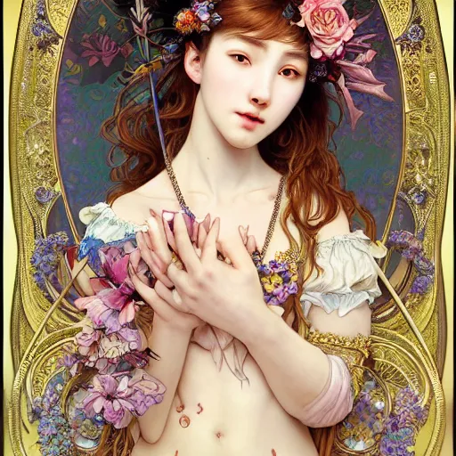 Image similar to a masterpiece ultrarealistic ultradetailed portrait of beautiful love, jewelry genius, witch girl on fruits street market baroque renaissance. medium shot, intricate, elegant, by stanley artgerm lau, wlop, alphonse mucha, rossdraws, andrei riabovitchev, yoshitaka amano. flower background my james jeand and takashi murakami.