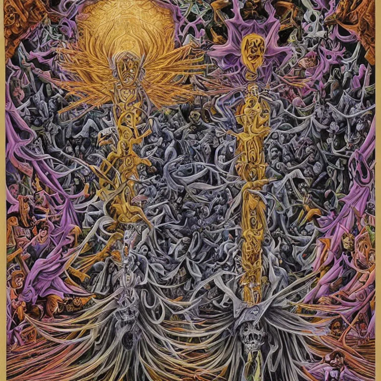 Image similar to transformation through death by Alex Grey and M. C. Escher collaboration