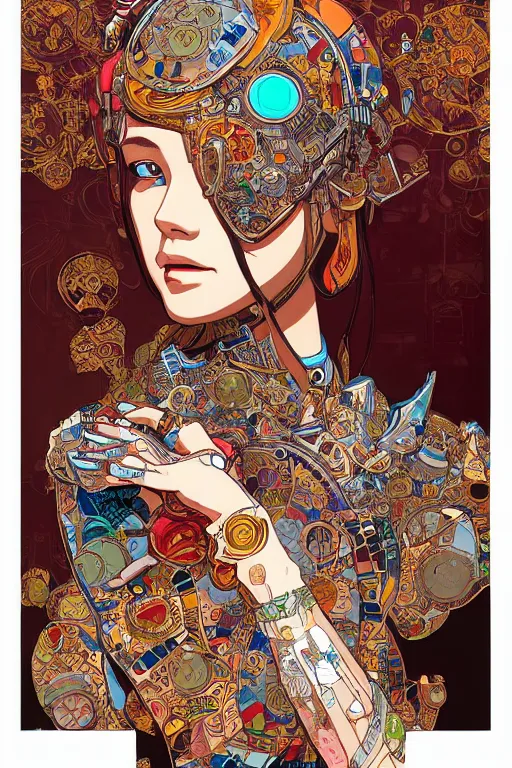 Image similar to beautiful cyborg portrait girl female illustration detailed patterns art of thai traditional dress, pop art, splash painting, art by geof darrow, ashley wood, alphonse mucha, makoto shinkai