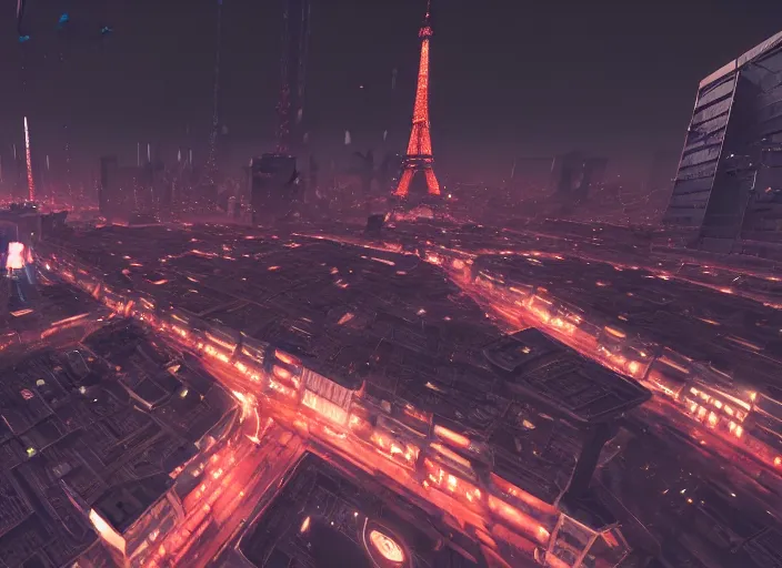 Prompt: cyberpunk scifi scene of paris at night, scifi drones in the sky, artstation, matt painting, very detailed, maximalism, ambient occlusion, volumetric light, atmospheric haze, unreal engine, hyper realism, realistic shading, cinematic composition, realistic render, octane render, detailed textures, photorealistic, wide shot