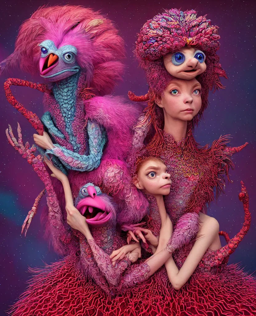 Image similar to hyper detailed 3d render like a Oil painting - kawaii portrait of two Aurora (a beautiful skeksis muppet fae princess protective playful expressive from dark crystal that looks like Anya Taylor-Joy) seen red carpet photoshoot in UVIVF posing in scaly dress to Eat of the Strangling network of yellowcake aerochrome and milky Fruit and His delicate Hands hold of gossamer polyp blossoms bring iridescent fungal flowers whose spores black the foolish stars by Jacek Yerka, Ilya Kuvshinov, Mariusz Lewandowski, Houdini algorithmic generative render, golen ratio, Abstract brush strokes, Masterpiece, Edward Hopper and James Gilleard, Zdzislaw Beksinski, Mark Ryden, Wolfgang Lettl, hints of Yayoi Kasuma and Dr. Seuss, octane render, 8k