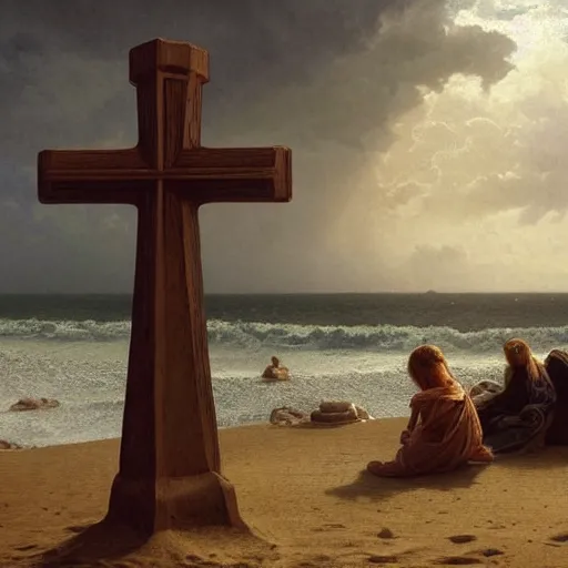Image similar to a highly detailed render of a large cross standing on the beach as a storm comes in with the tide, woman sitting in the sand watching the ocean, epic fantasy, god rays, aerial photography, unreal engine, volumetric lighting, octane render, exquisite detail, 8 k, art by albert bierstadt and greg rutkowski and thomas moran and alphonse mucha