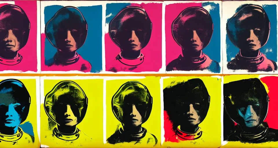 Prompt: a triptych of close up portraits of a very ordinary young woman in a NASA spacesuit, by andy warhol, colorful screenprint and scrawled charcoal lettering, anatomically correct, beautiful perfect face, sharp focus, Highly Detailed, Cinematic Lighting, 8k, HD