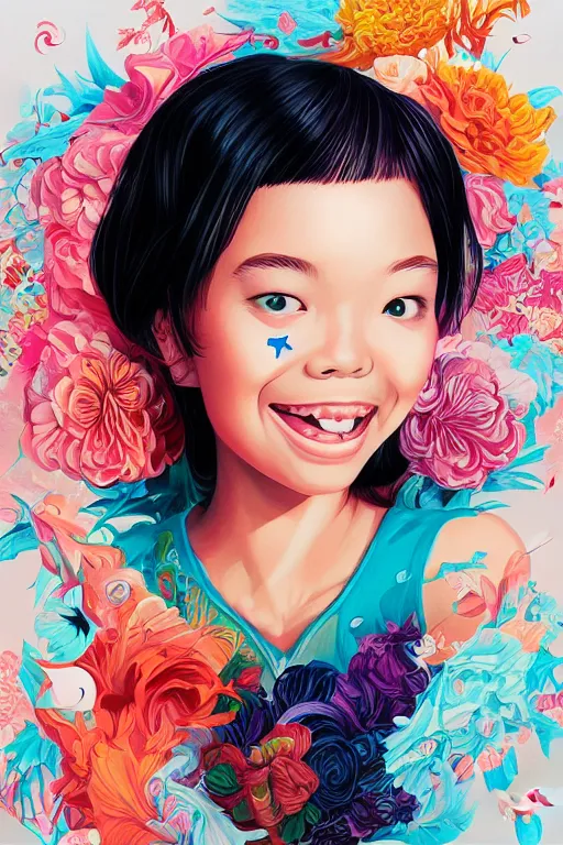 Prompt: a cute young girl smiling, Tristan Eaton, victo ngai, artgerm, RHADS, ross draws