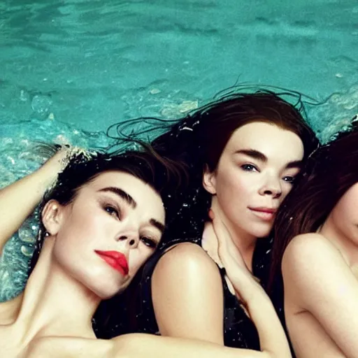 Image similar to stunning vogue magazine photo of dark - haired goddesses vanessa kirby, hailee steinfeld, and bjork smiling, legs intertwined, laying back on the bed, with wet faces!!, wet lips, perfect eyes, insanely detailed, elegant, by rutkowski, livia prima, mucha, wlop,