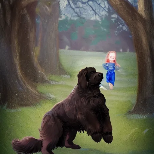 Prompt: girl riding a giant newfoundland dog in the park, trending on artstation