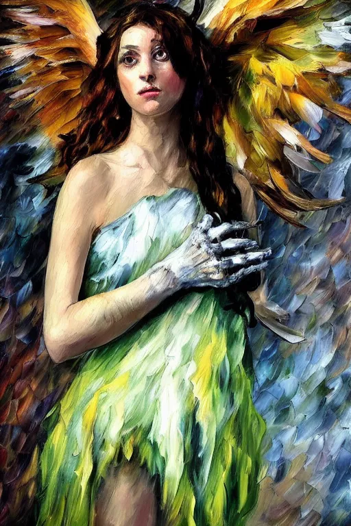 Image similar to palette knife oil painting portrait of a harpy angel girl, feathered long hair, talons, claws, horns, bones,, extreme detail, style by leonid afremov and degas, artstation trending, artgerm, deviant art, octane, substance, art history 8 k, green brown and grey earth tones palette