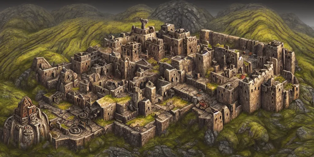 Image similar to aerial view of a dwarven fortress at the edge of a mountain range, as a matte oil painting, photorealistic, landscape, medieval fantasy, epic, smelters, forges, waterwheels, chiseled architecture, ornate, intricate, trading depots, extremely detailed, sharp focus