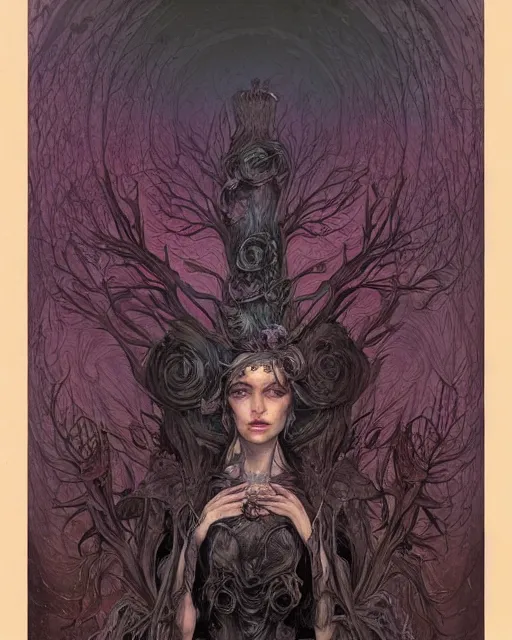 Image similar to a beautiful detailed front view portrait of a dead rotten princess with ornate growing around, ornamentation, elegant, beautifully soft lit, by wayne barlowe, peter mohrbacher, kelly mckernan