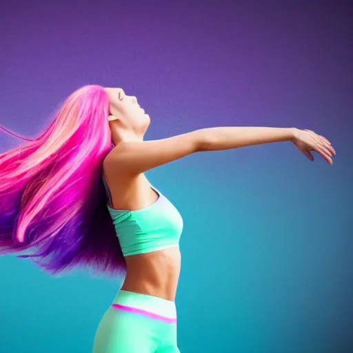 Image similar to a award winning full body shot of a beautiful woman in a croptop and leggings with a ombre purple pink teal hairstyle with head in motion and hair flying, outrun, vaporware, vivid colors, highly detailed, fine detail, intricate