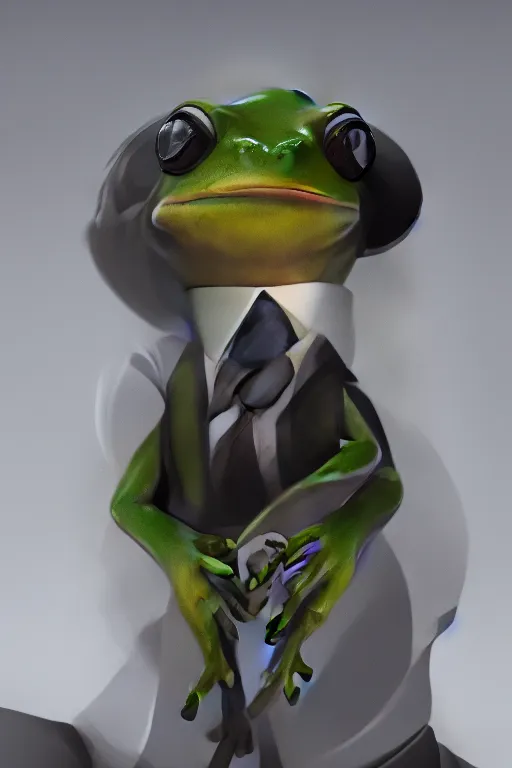 Image similar to portrait of a frog in a tuxedo, matte painting, concept art, cgsociety, octane render, trending on artstation, artstationHD, artstationHQ, unreal engine, 4k, 8k