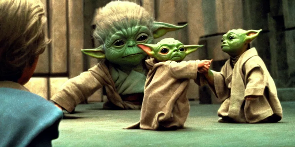 Prompt: screenshot of Luke Skywalker teaching baby yoda Grogu in a Jedi Temple, 1970s thriller by Stanely Kubrick film, color kodak, ektochrome, anamorphic lenses, detailed faces, moody cinematography