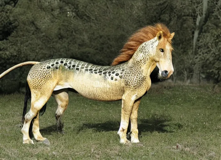 Image similar to a horse lion crocodile hybrid