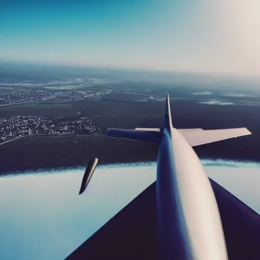 Image similar to pov on the back of a flying bird, a plane arriving in front