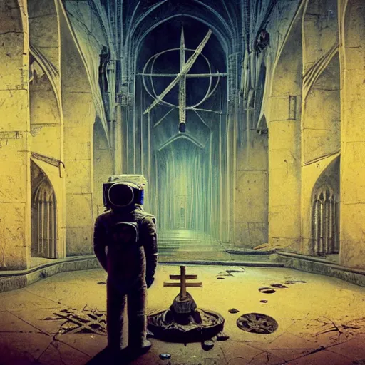 Image similar to surrealism grunge of an astronaut in a creepy cathedral . intricate artwork. Eerie ancient alien symbols carved into the walls, zdzisław Beksiński, wlop, dan mumford , trending on artstation, greg rutkowski very coherent symmetrical artwork. cinematic composition, hyper realism, high detail, octane render, 8k