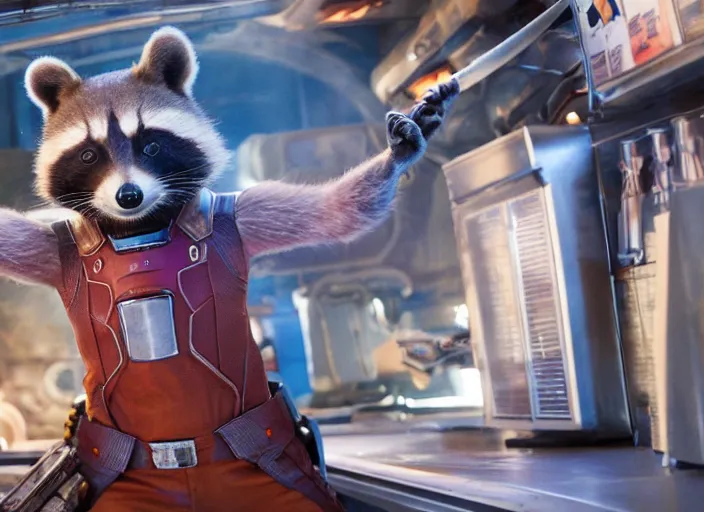 Image similar to film still of Rocket Racoon working in an ice cream truck in the new Guardians of the Galaxy movie, 4k