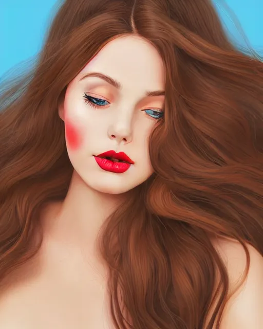 Prompt: a portrait of a cute woman, long brown hair, wavy hair, blue eyes, wide supple red lips, wearing a red sundress, rose in hair, button nose, round face, soft chin, soft jawline, soft facial features, chubby cheeks, warm skin tone, very detailed digital art, beautiful lighting, warm ambience, hyperrealistic portrait art by greg rutkowski