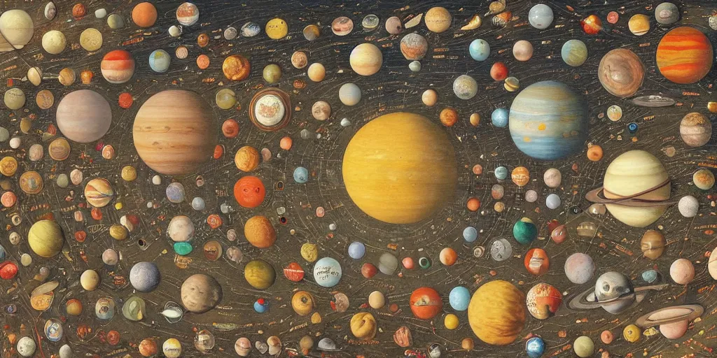 Prompt: the solar system in the style of heironymus bosch, intricate colorful masterpiece, hyper detailed, hd