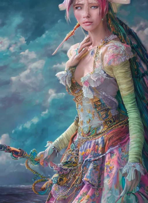 Image similar to detailed realistic full body colorful pastel painting of a pirate female in intricate clothing, beautiful face, elegant pose, fantasy, illustration, insanely detailed and intricate, octane render, 4k